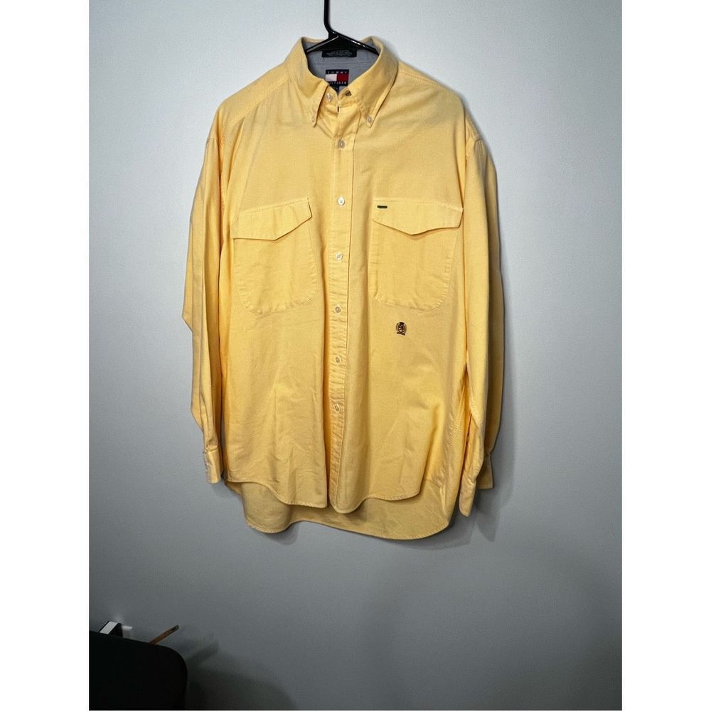 Tommy Hilfiger Heavy Cotton Yellow Button Up Work Shirt Vintage Double Pocket Me